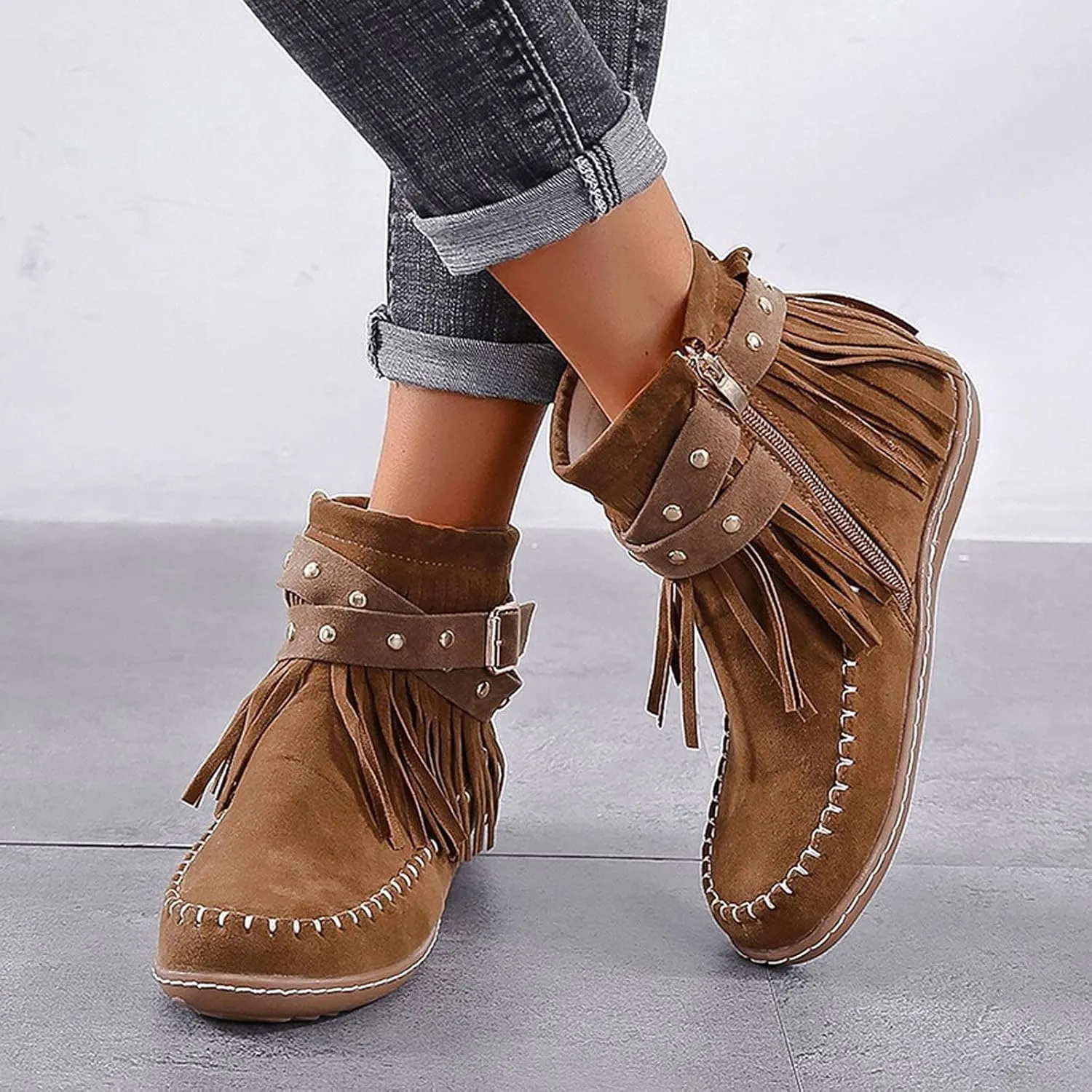 Ankle Boots for Women Flat Side Zip Vintage Womens Cowboy Boots Round Toe Fringe Buckle Straps Studded Western Cowboy Shoes