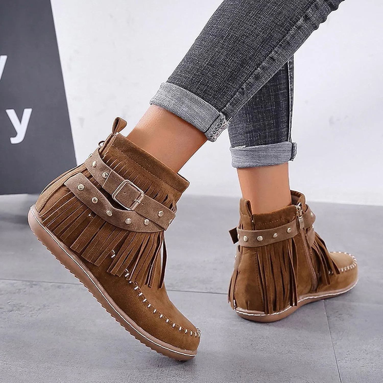Ankle Boots for Women Flat Side Zip Vintage Womens Cowboy Boots Round Toe Fringe Buckle Straps Studded Western Cowboy Shoes