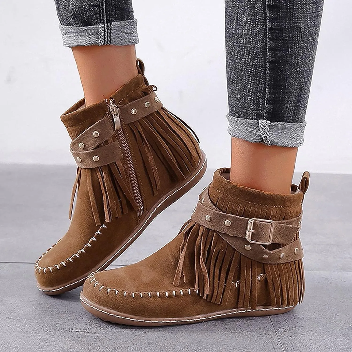Ankle Boots for Women Flat Side Zip Vintage Womens Cowboy Boots Round Toe Fringe Buckle Straps Studded Western Cowboy Shoes