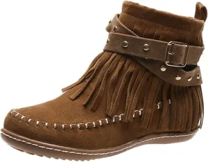 Ankle Boots for Women Flat Side Zip Vintage Womens Cowboy Boots Round Toe Fringe Buckle Straps Studded Western Cowboy Shoes
