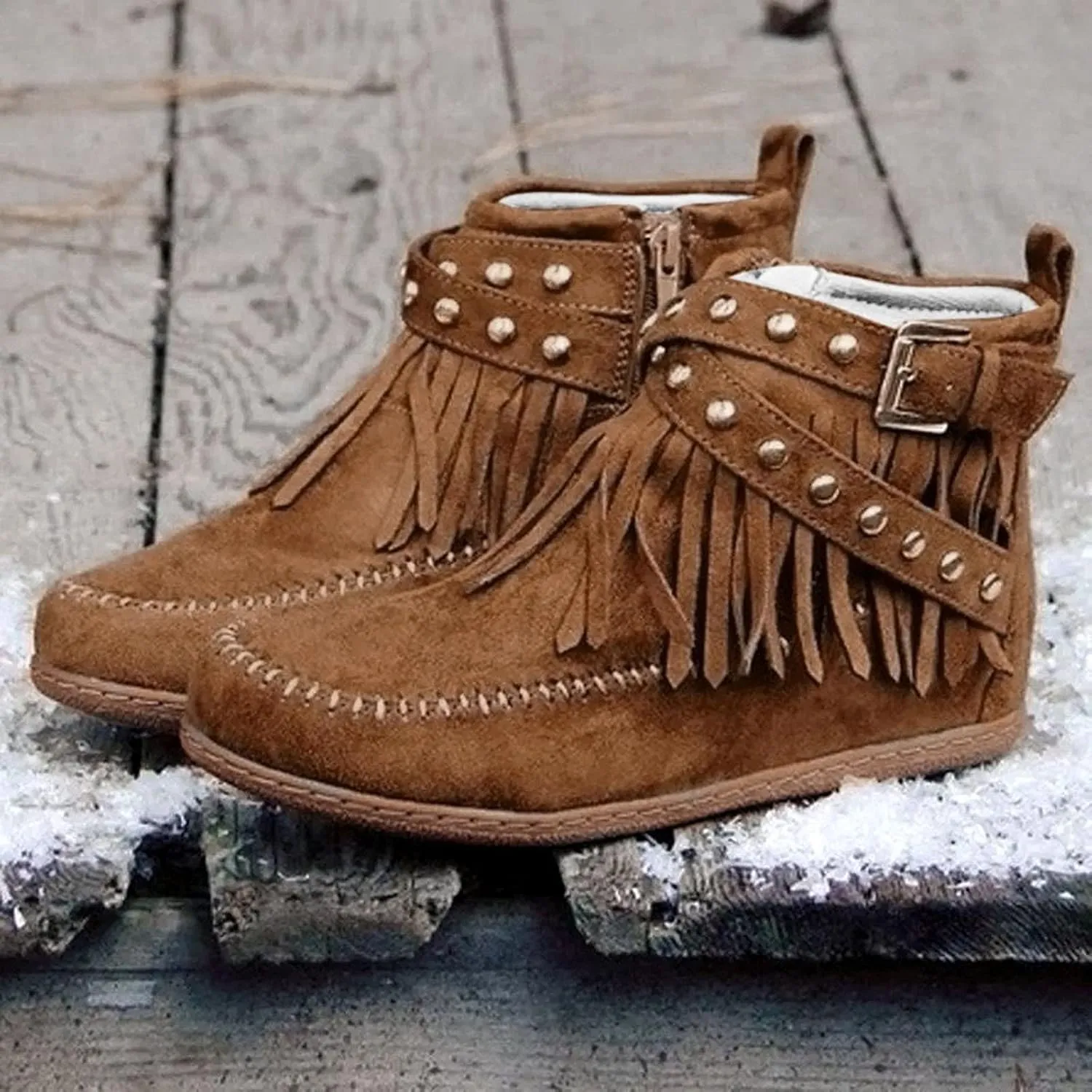 Ankle Boots for Women Flat Side Zip Vintage Womens Cowboy Boots Round Toe Fringe Buckle Straps Studded Western Cowboy Shoes