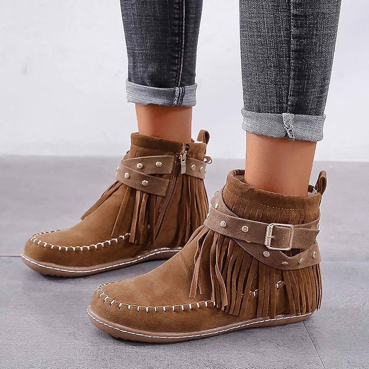 Ankle Boots for Women Flat Side Zip Vintage Womens Cowboy Boots Round Toe Fringe Buckle Straps Studded Western Cowboy Shoes