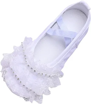 Ballet Shoes for Girls Elegant Rhinestone Ruffle Lace Dance Slippers Toddler Kids Canvas Performance Shoes with Strap