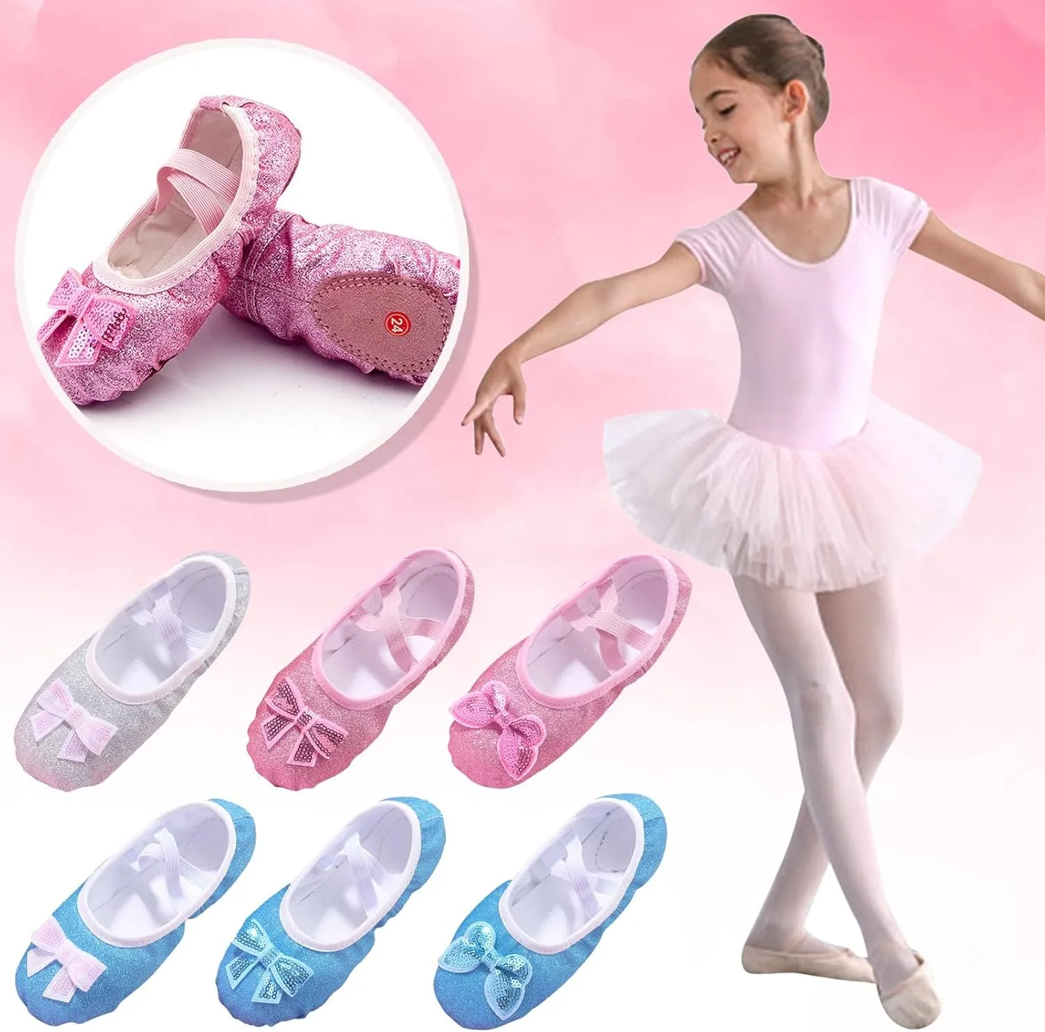 Ballet Shoes for Toddler Girls Glitter Ballet Slippers Dance Shoes(Toddler/Little/Big Kids) Pink Ballet Flats Shoes
