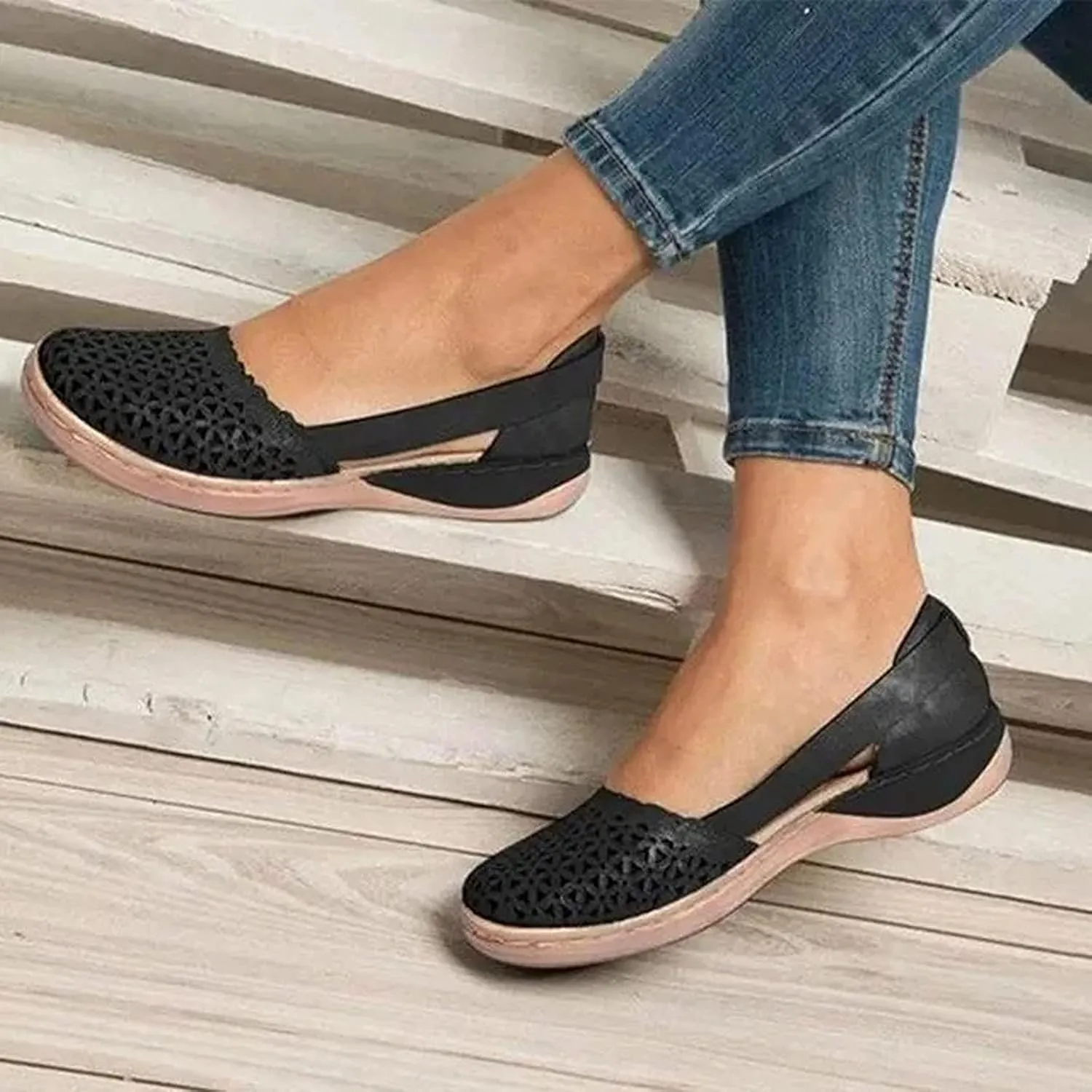 Closed Toe Sandals Women Hollow Out Shoes Orthotic Wedge Flats Sandals Round Toe Casual Slip On Comfort Eyelets Shoes