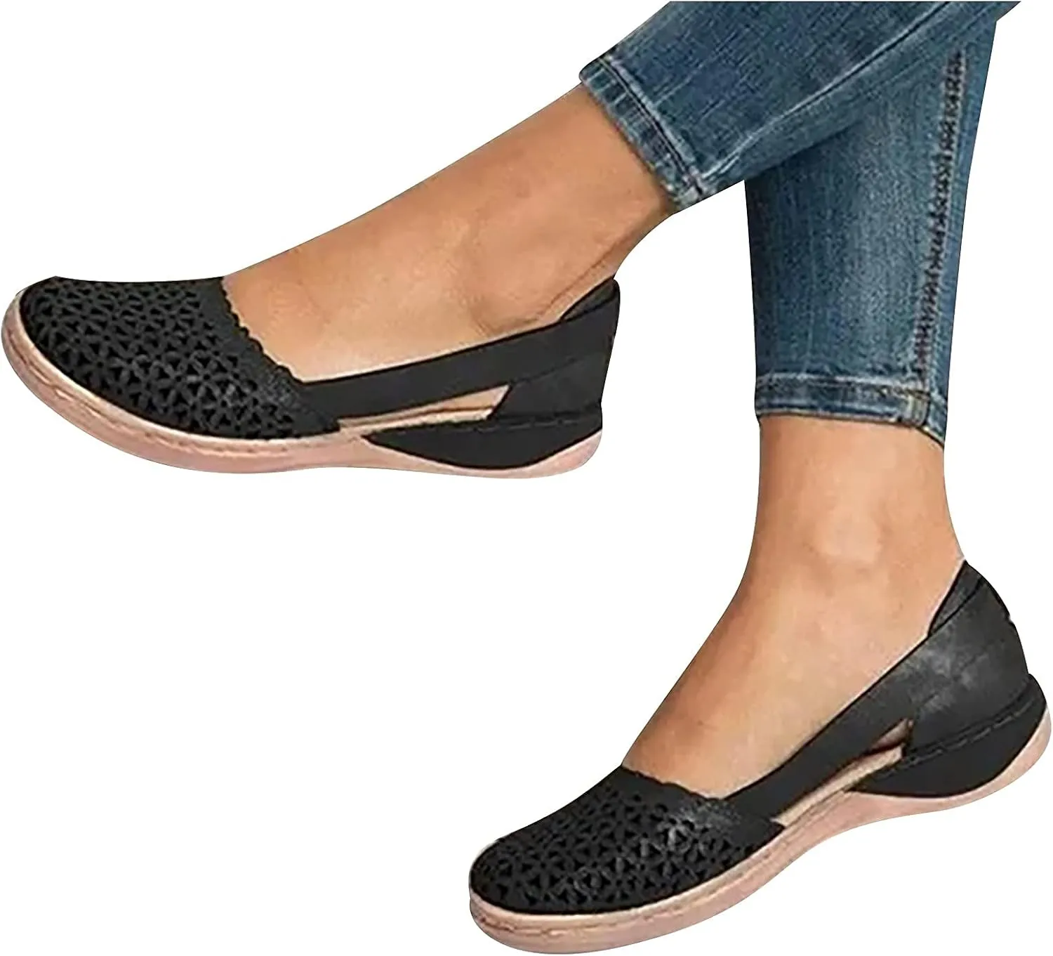 Closed Toe Sandals Women Hollow Out Shoes Orthotic Wedge Flats Sandals Round Toe Casual Slip On Comfort Eyelets Shoes