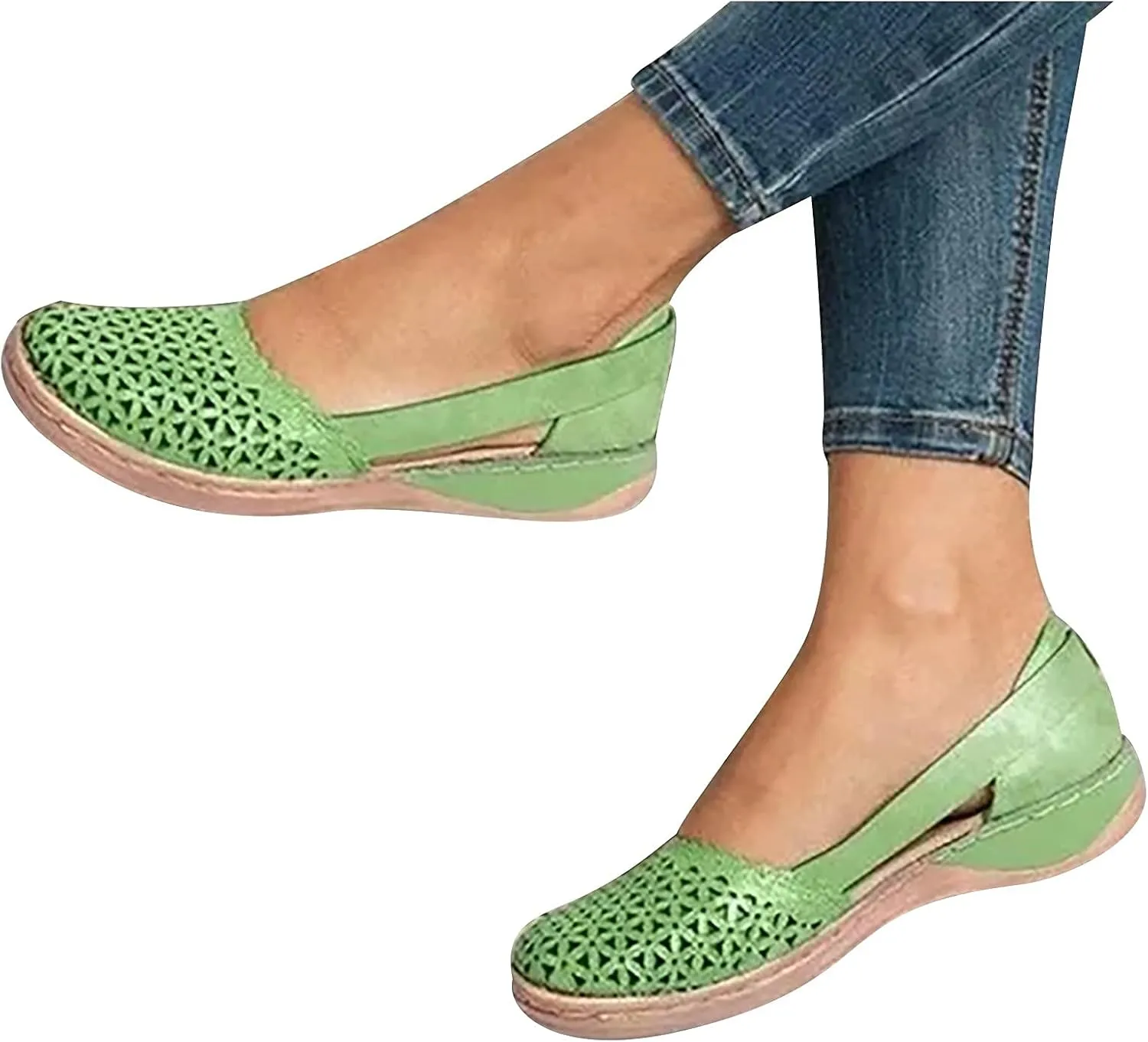 Closed Toe Sandals Women Hollow Out Shoes Orthotic Wedge Flats Sandals Round Toe Casual Slip On Comfort Eyelets Shoes