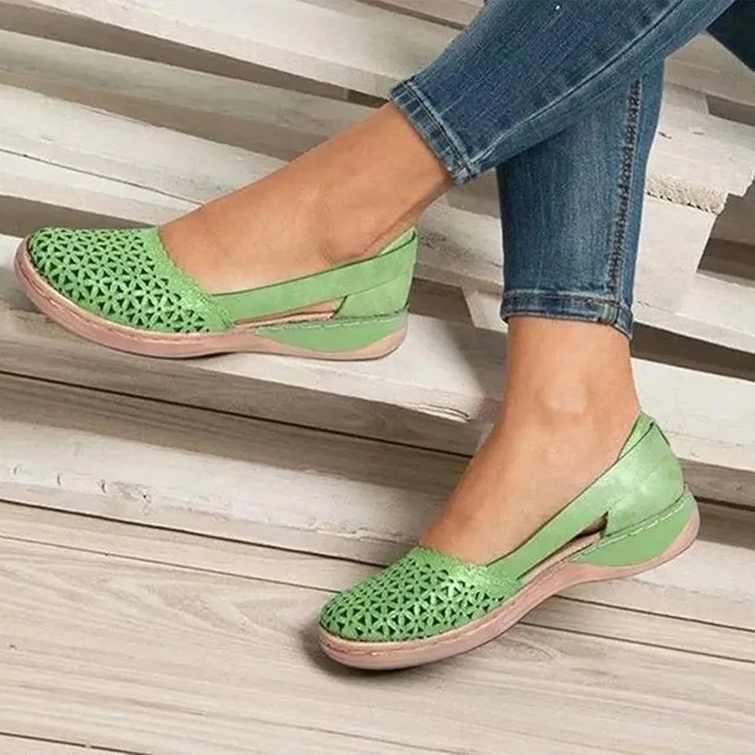 Closed Toe Sandals Women Hollow Out Shoes Orthotic Wedge Flats Sandals Round Toe Casual Slip On Comfort Eyelets Shoes