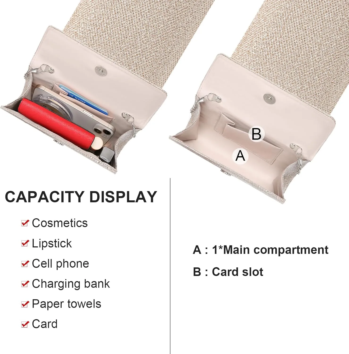 Clutch Purses for Women, Evening Bag with Detachable Chain Ladies Sparkling Party Handbag Wedding Bags