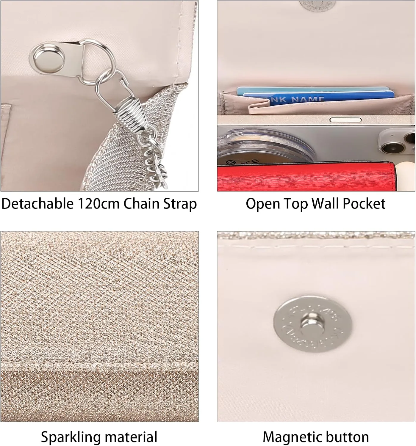 Clutch Purses for Women, Evening Bag with Detachable Chain Ladies Sparkling Party Handbag Wedding Bags