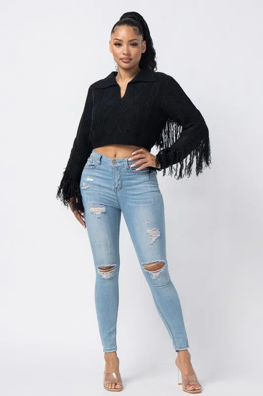 COLLAR SWEATER WITH FRINGE