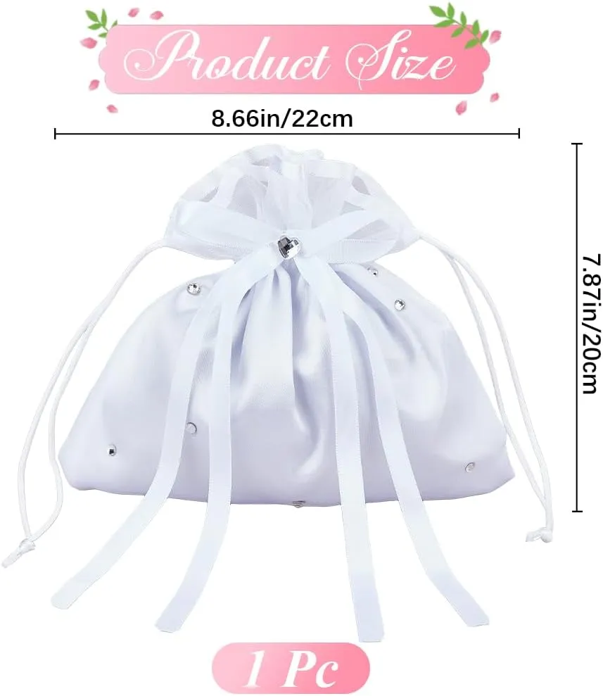 CRASPIRE Bow Bridal Bag Wedding Bags White Floral Bridesmaid Satin Decorated Bag Money Purse Handbag Satin Bags Satin Dolly Bag Drawstring Storage Bags Wedding Decoration