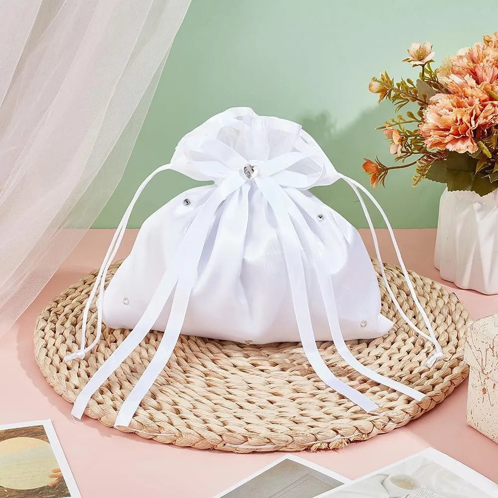 CRASPIRE Bow Bridal Bag Wedding Bags White Floral Bridesmaid Satin Decorated Bag Money Purse Handbag Satin Bags Satin Dolly Bag Drawstring Storage Bags Wedding Decoration
