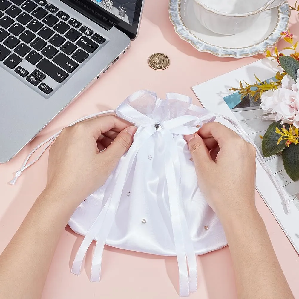 CRASPIRE Bow Bridal Bag Wedding Bags White Floral Bridesmaid Satin Decorated Bag Money Purse Handbag Satin Bags Satin Dolly Bag Drawstring Storage Bags Wedding Decoration