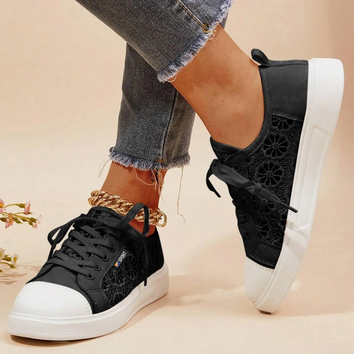 Crzidha Womens Lace Mesh Flats Sneakers,Stylish Side Hollow Out Pattern Low Heel Flat Sneakers Lightweight Breathable Fashion Fall Shoes Lightweight Comfortable Lace Up Travel Walk Shoes