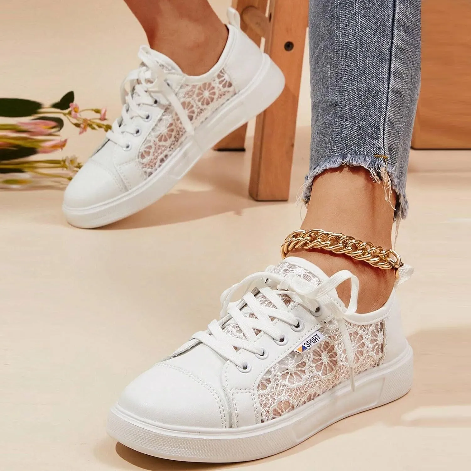 Crzidha Womens Lace Mesh Flats Sneakers,Stylish Side Hollow Out Pattern Low Heel Flat Sneakers Lightweight Breathable Fashion Fall Shoes Lightweight Comfortable Lace Up Travel Walk Shoes