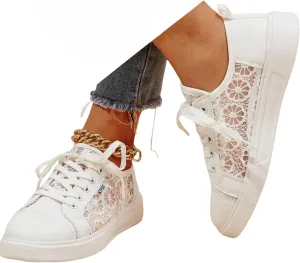 Crzidha Womens Lace Mesh Flats Sneakers,Stylish Side Hollow Out Pattern Low Heel Flat Sneakers Lightweight Breathable Fashion Fall Shoes Lightweight Comfortable Lace Up Travel Walk Shoes