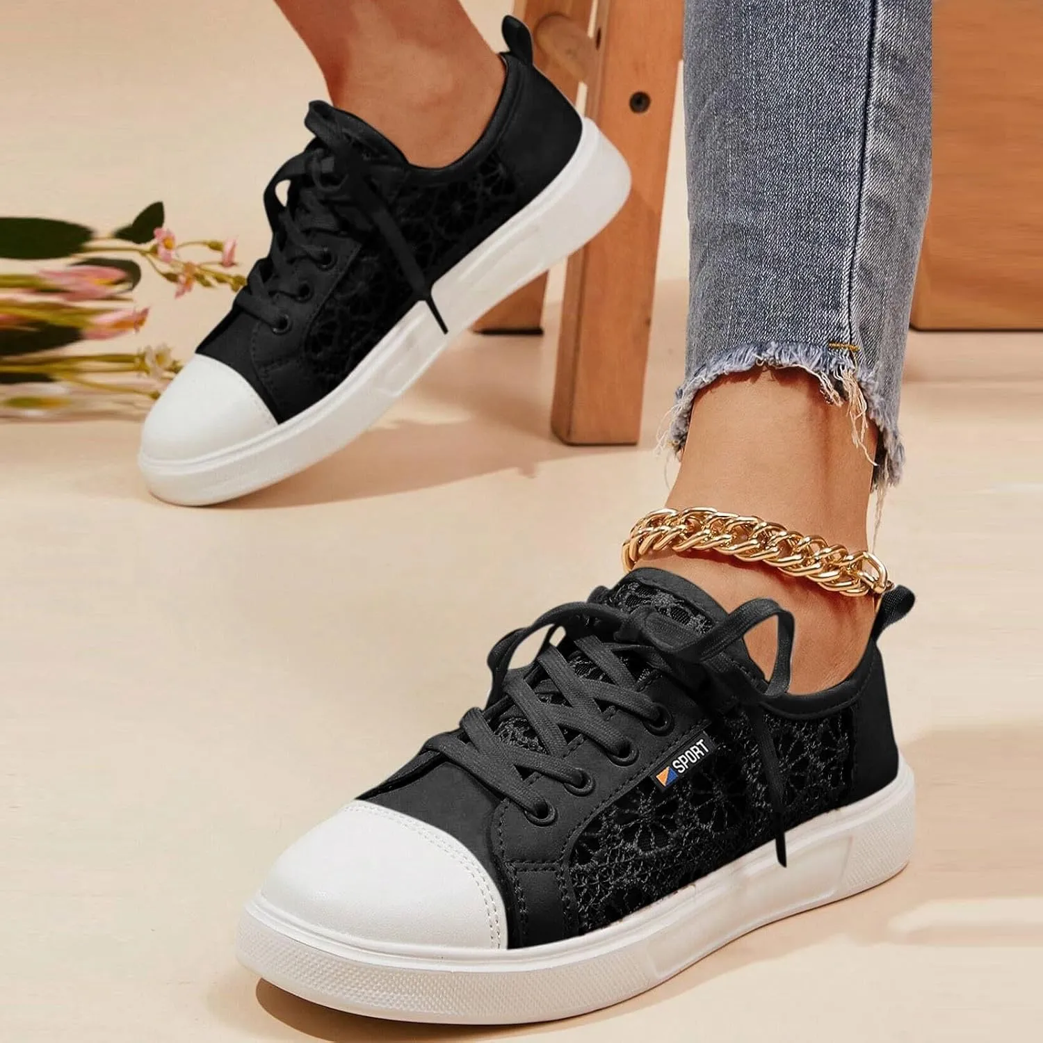 Crzidha Womens Lace Mesh Flats Sneakers,Stylish Side Hollow Out Pattern Low Heel Flat Sneakers Lightweight Breathable Fashion Fall Shoes Lightweight Comfortable Lace Up Travel Walk Shoes