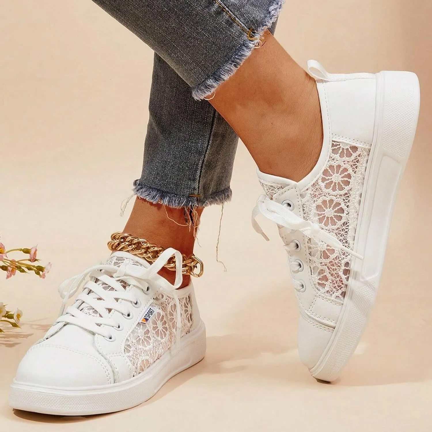 Crzidha Womens Lace Mesh Flats Sneakers,Stylish Side Hollow Out Pattern Low Heel Flat Sneakers Lightweight Breathable Fashion Fall Shoes Lightweight Comfortable Lace Up Travel Walk Shoes
