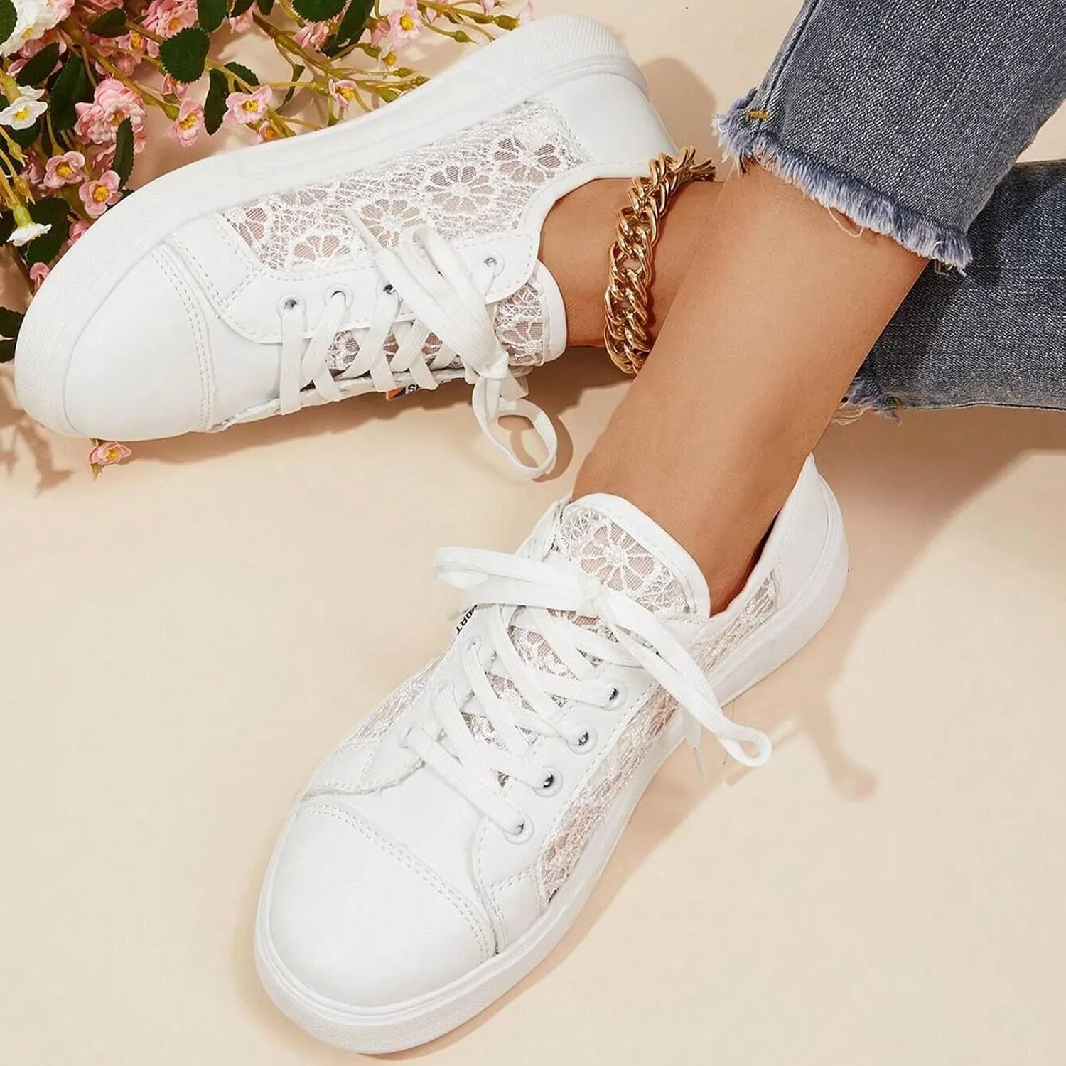 Crzidha Womens Lace Mesh Flats Sneakers,Stylish Side Hollow Out Pattern Low Heel Flat Sneakers Lightweight Breathable Fashion Fall Shoes Lightweight Comfortable Lace Up Travel Walk Shoes