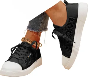Crzidha Womens Lace Mesh Flats Sneakers,Stylish Side Hollow Out Pattern Low Heel Flat Sneakers Lightweight Breathable Fashion Fall Shoes Lightweight Comfortable Lace Up Travel Walk Shoes