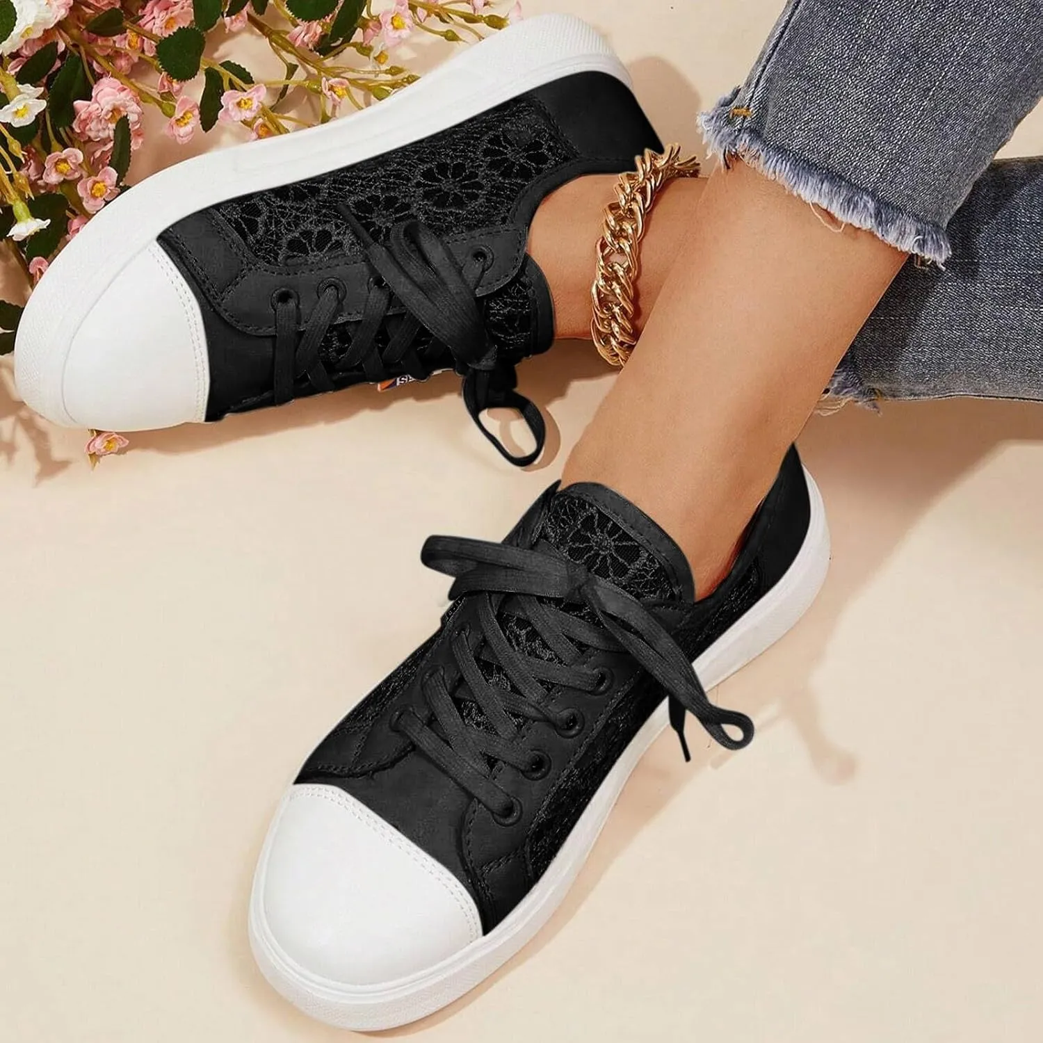 Crzidha Womens Lace Mesh Flats Sneakers,Stylish Side Hollow Out Pattern Low Heel Flat Sneakers Lightweight Breathable Fashion Fall Shoes Lightweight Comfortable Lace Up Travel Walk Shoes