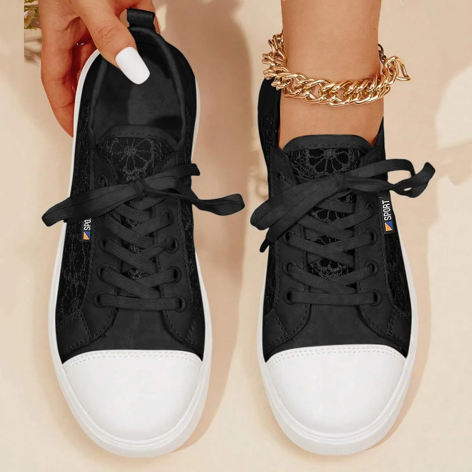 Crzidha Womens Lace Mesh Flats Sneakers,Stylish Side Hollow Out Pattern Low Heel Flat Sneakers Lightweight Breathable Fashion Fall Shoes Lightweight Comfortable Lace Up Travel Walk Shoes