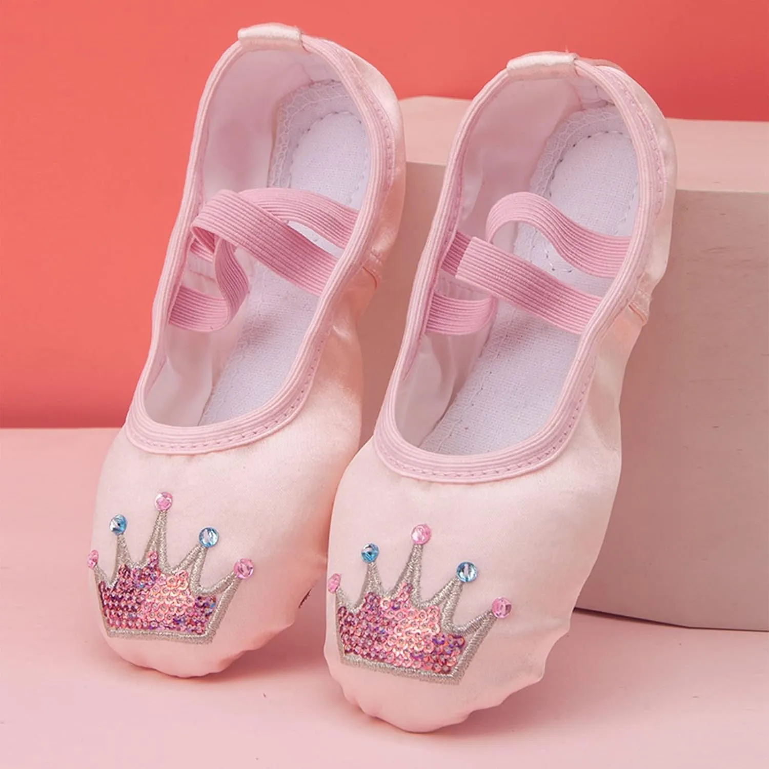 Cute Ballet Shoes for Girls Flat Point Crown Sequin Satin Dance Practice Slippers Split Soft Flat Shoes for Toddler
