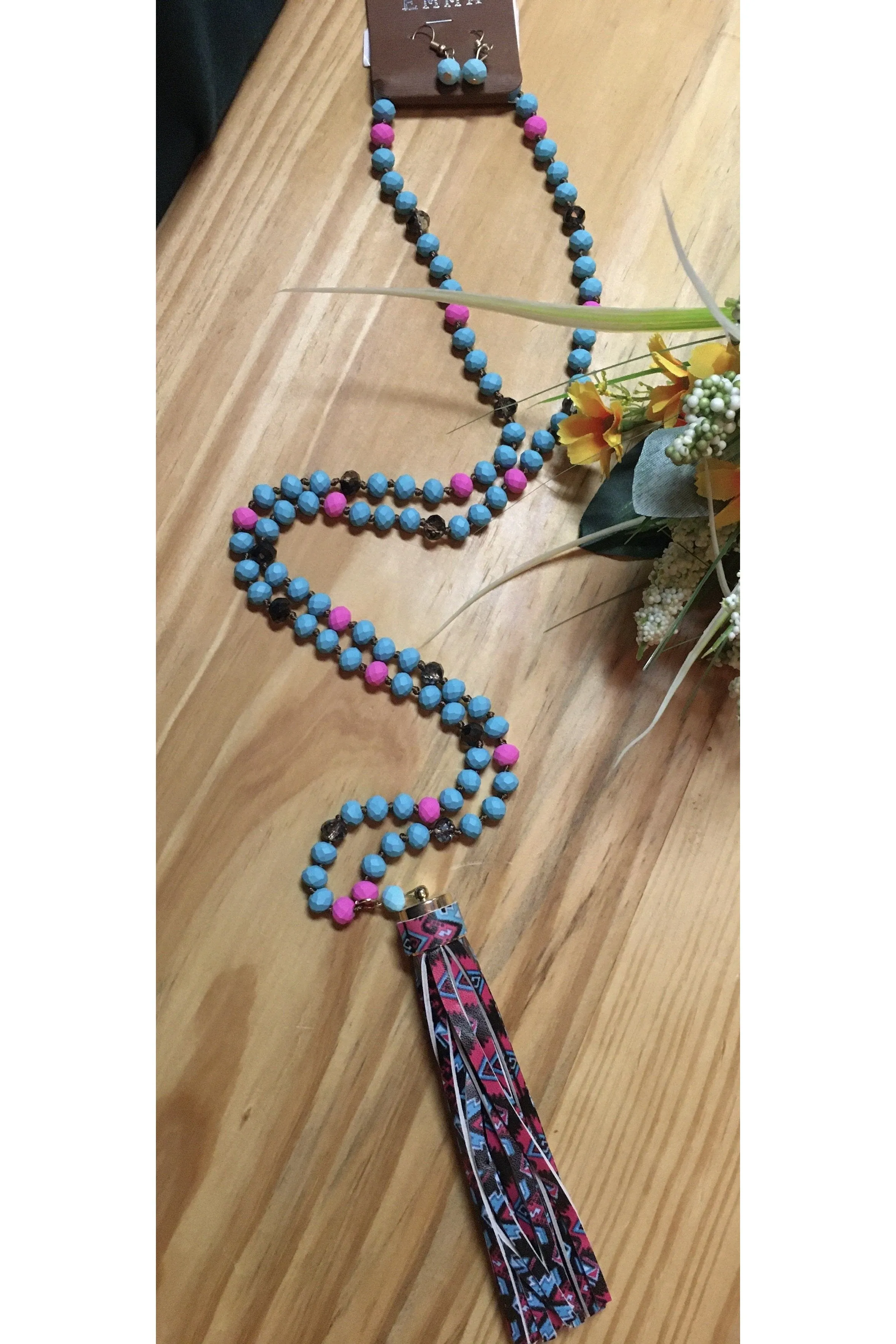 Emma Bright Turquoise And Hot Pink Aztec Necklace