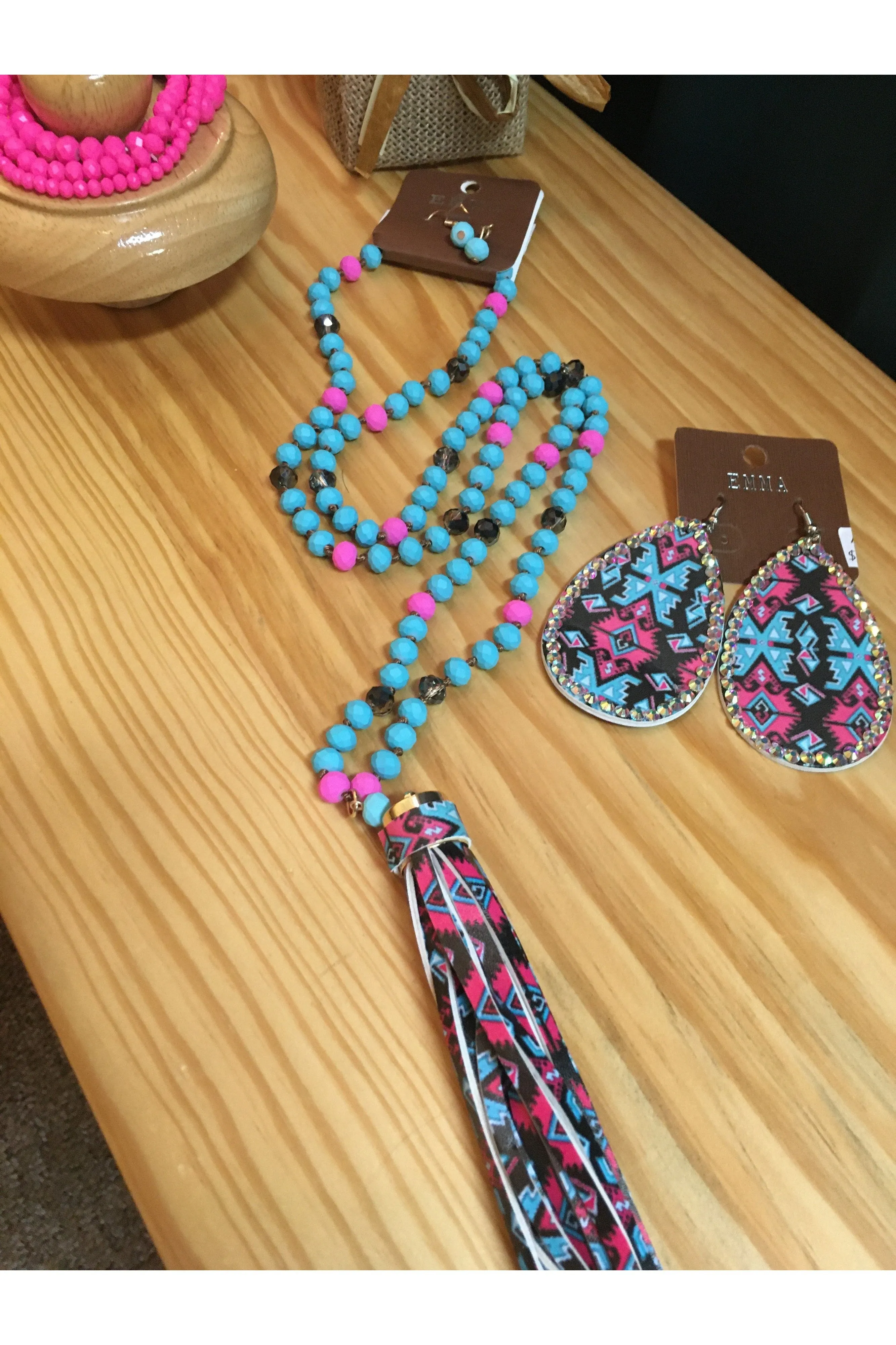 Emma Bright Turquoise And Hot Pink Aztec Necklace