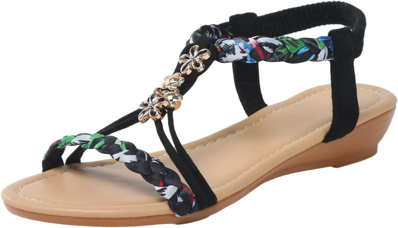 EMRELOD Sandals for Women Dressy Summer Flat Casual Summer Rhinestone Beaded Sparkly Bling Bohemian Lace Flower Sandal Comfortable Elastic Ankle Strap Beach Shoes (02-Black, 9)