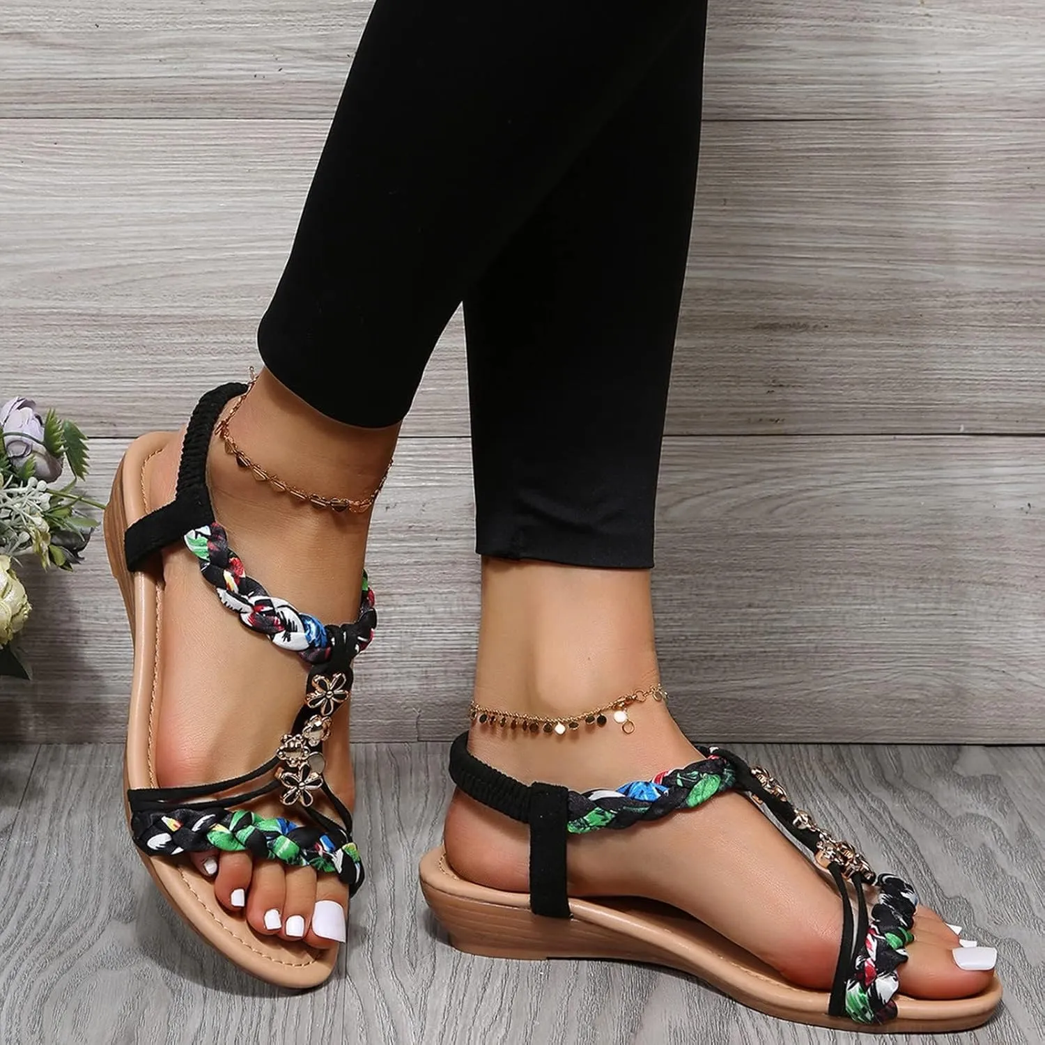 EMRELOD Sandals for Women Dressy Summer Flat Casual Summer Rhinestone Beaded Sparkly Bling Bohemian Lace Flower Sandal Comfortable Elastic Ankle Strap Beach Shoes (02-Black, 9)