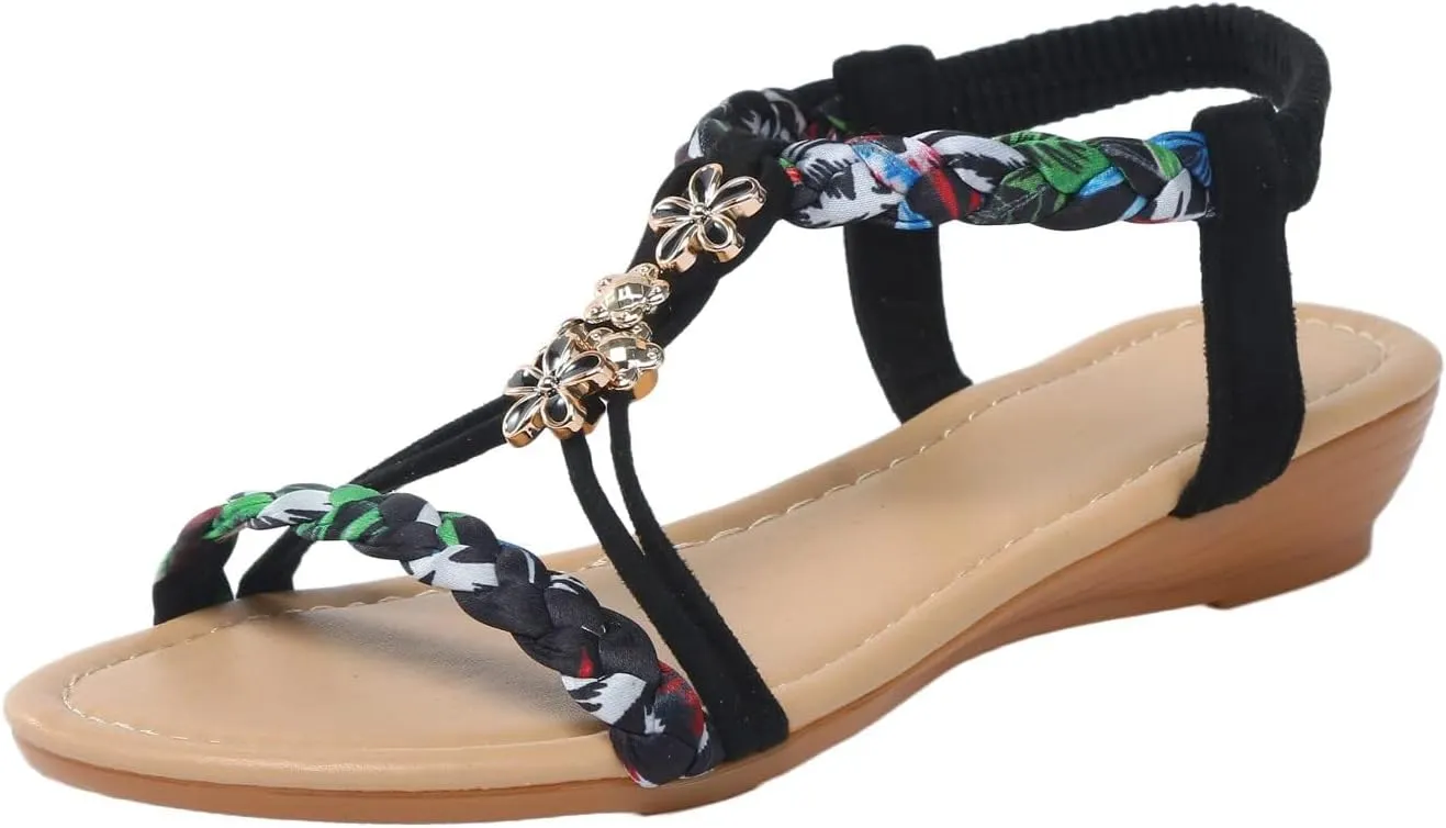EMRELOD Sandals for Women Dressy Summer Flat Casual Summer Rhinestone Beaded Sparkly Bling Bohemian Lace Flower Sandal Comfortable Elastic Ankle Strap Beach Shoes (02-Black, 9)
