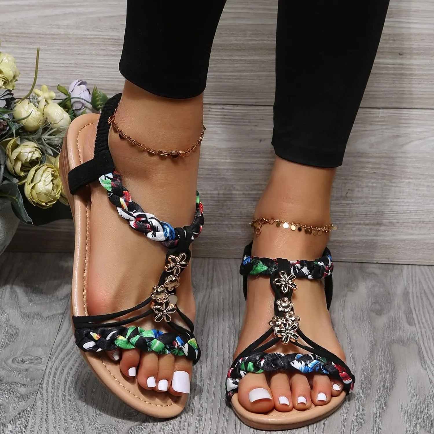 EMRELOD Sandals for Women Dressy Summer Flat Casual Summer Rhinestone Beaded Sparkly Bling Bohemian Lace Flower Sandal Comfortable Elastic Ankle Strap Beach Shoes (02-Black, 9)