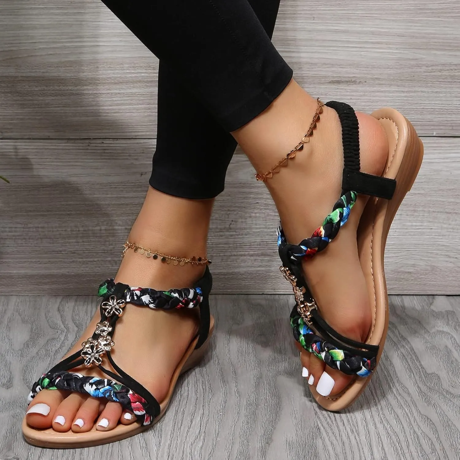 EMRELOD Sandals for Women Dressy Summer Flat Casual Summer Rhinestone Beaded Sparkly Bling Bohemian Lace Flower Sandal Comfortable Elastic Ankle Strap Beach Shoes (02-Black, 9)
