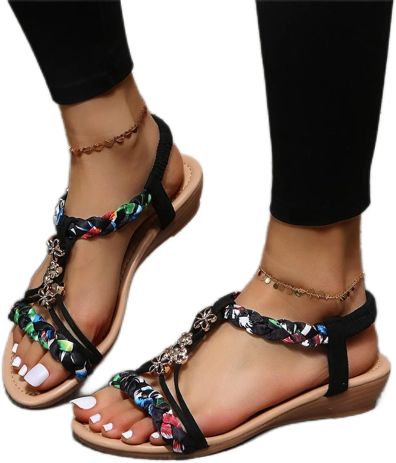EMRELOD Sandals for Women Dressy Summer Flat Casual Summer Rhinestone Beaded Sparkly Bling Bohemian Lace Flower Sandal Comfortable Elastic Ankle Strap Beach Shoes (02-Black, 9)