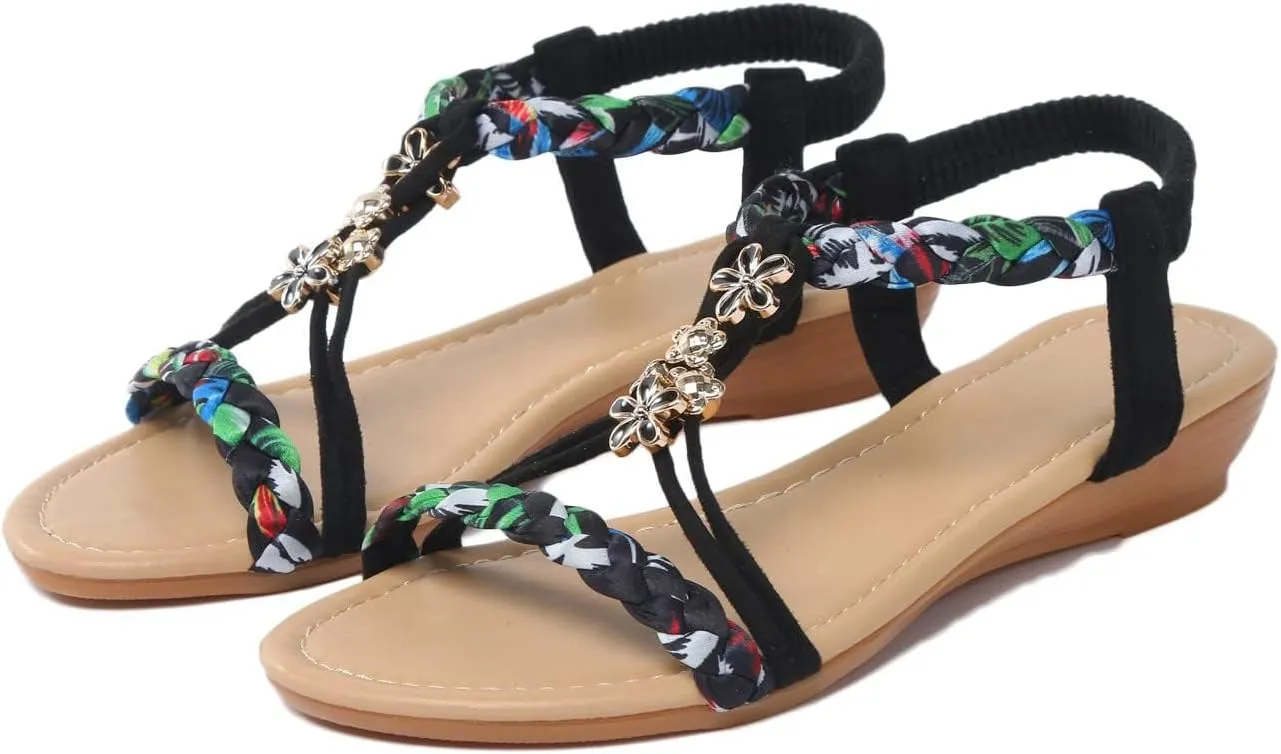 EMRELOD Sandals for Women Dressy Summer Flat Casual Summer Rhinestone Beaded Sparkly Bling Bohemian Lace Flower Sandal Comfortable Elastic Ankle Strap Beach Shoes (02-Black, 9)
