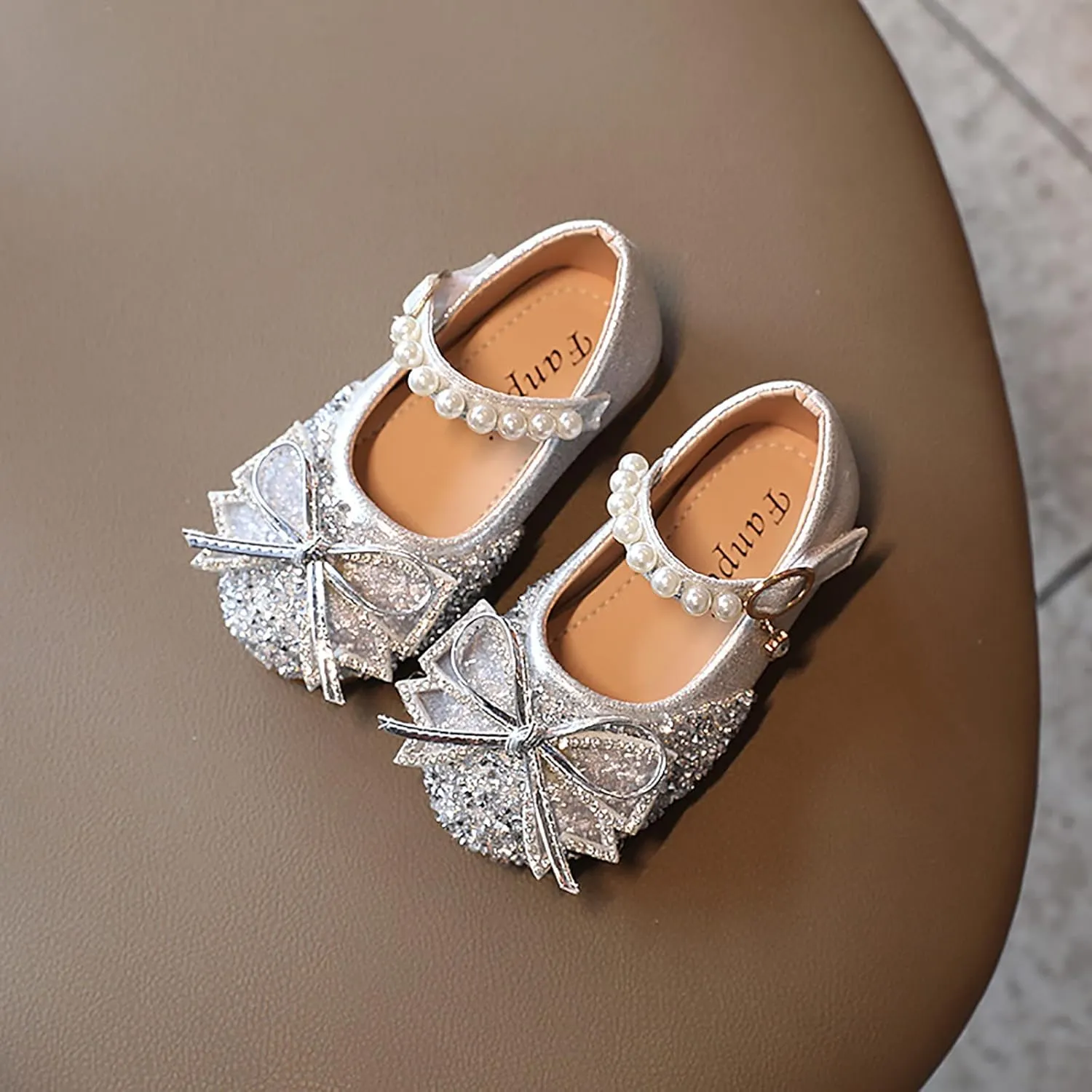 EnJoCho Girls Toddler/Little Kid Pearl Crystal Dress Flats Shoes Bow Flower Girl Ballet Flat Bling Bowknot Princess Sandals
