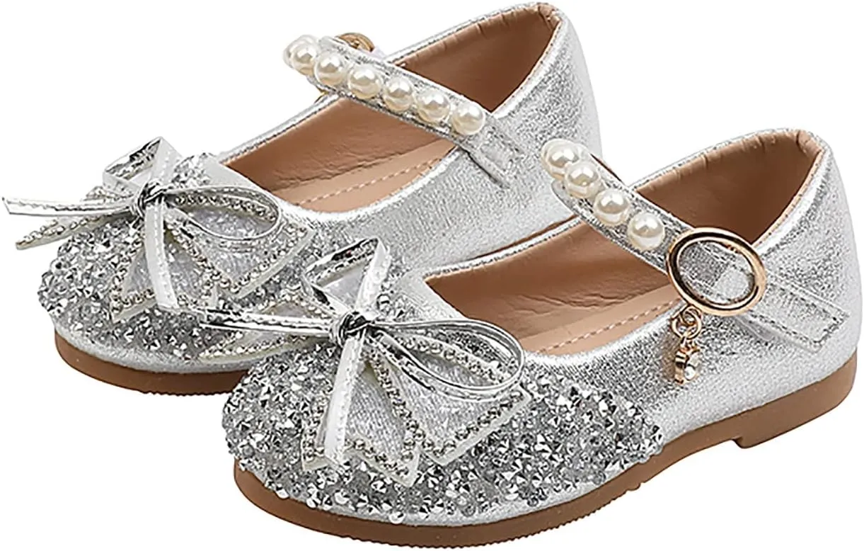 EnJoCho Girls Toddler/Little Kid Pearl Crystal Dress Flats Shoes Bow Flower Girl Ballet Flat Bling Bowknot Princess Sandals