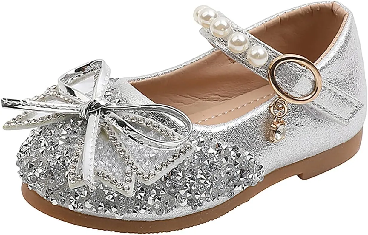 EnJoCho Girls Toddler/Little Kid Pearl Crystal Dress Flats Shoes Bow Flower Girl Ballet Flat Bling Bowknot Princess Sandals