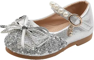 EnJoCho Girls Toddler/Little Kid Pearl Crystal Dress Flats Shoes Bow Flower Girl Ballet Flat Bling Bowknot Princess Sandals
