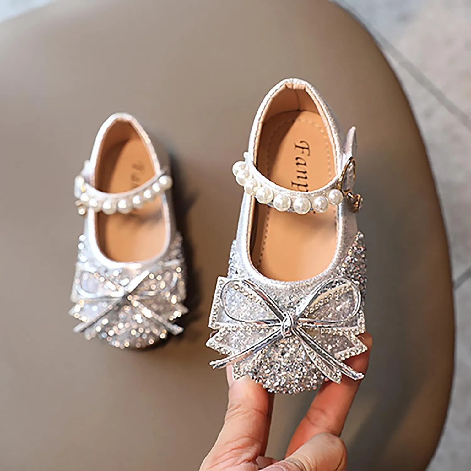 EnJoCho Girls Toddler/Little Kid Pearl Crystal Dress Flats Shoes Bow Flower Girl Ballet Flat Bling Bowknot Princess Sandals