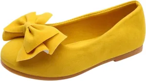 EnJoCho Toddler Little Girl Flock Mary Jane Dress Shoes Ballet Flats for Girl Party School Shoes Bowknot Princess Shoes 7-12Y (Yellow#79, 4-4.5 Years)
