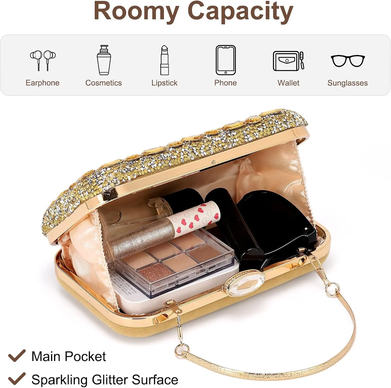Evening Bags Clutch Purses for Women Formal, Gemstone Handbag Crystal Rhinestone Crossbody Square Bag with Chain Shoulder Bag Sparkly for Wedding Guest Party Gold