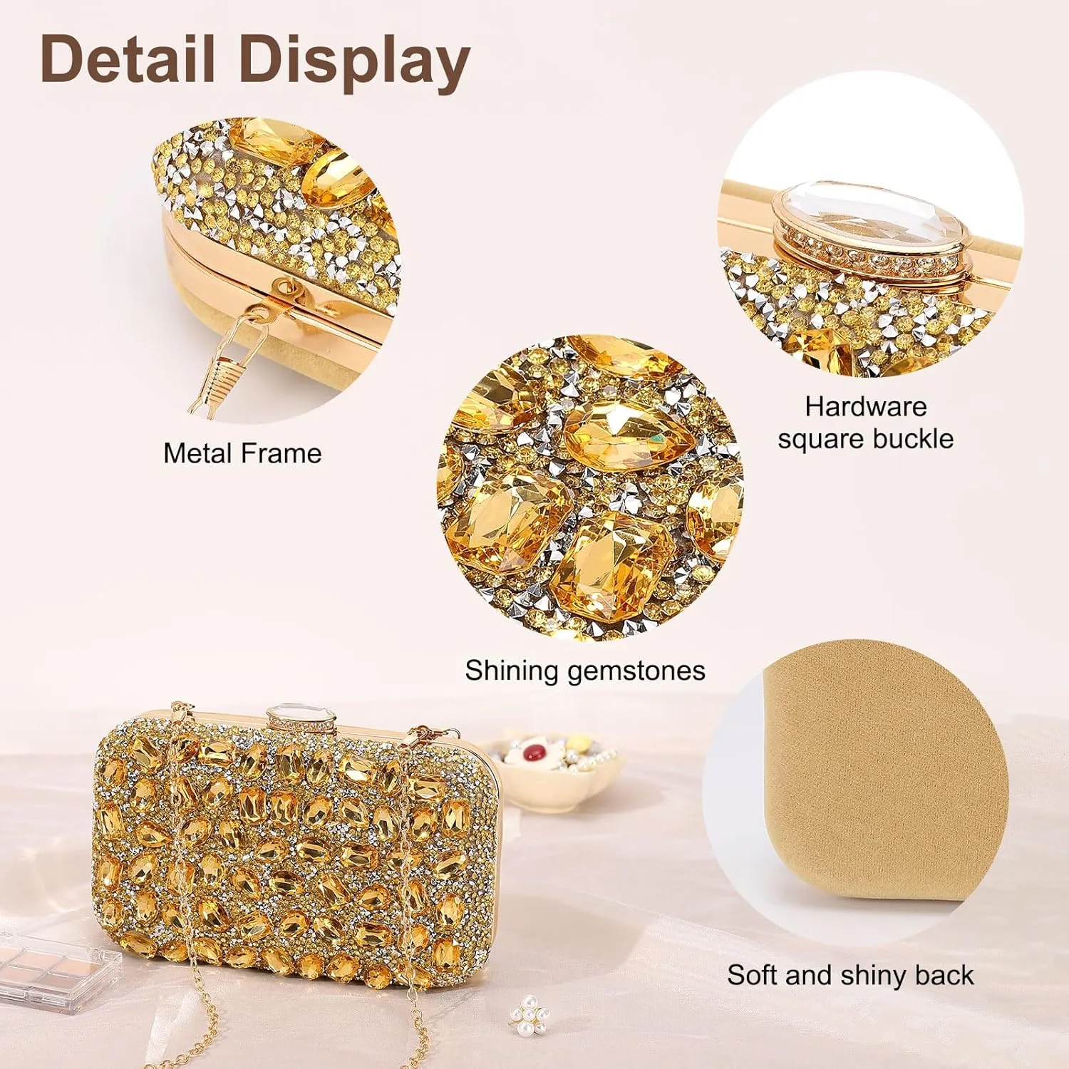 Evening Bags Clutch Purses for Women Formal, Gemstone Handbag Crystal Rhinestone Crossbody Square Bag with Chain Shoulder Bag Sparkly for Wedding Guest Party Gold