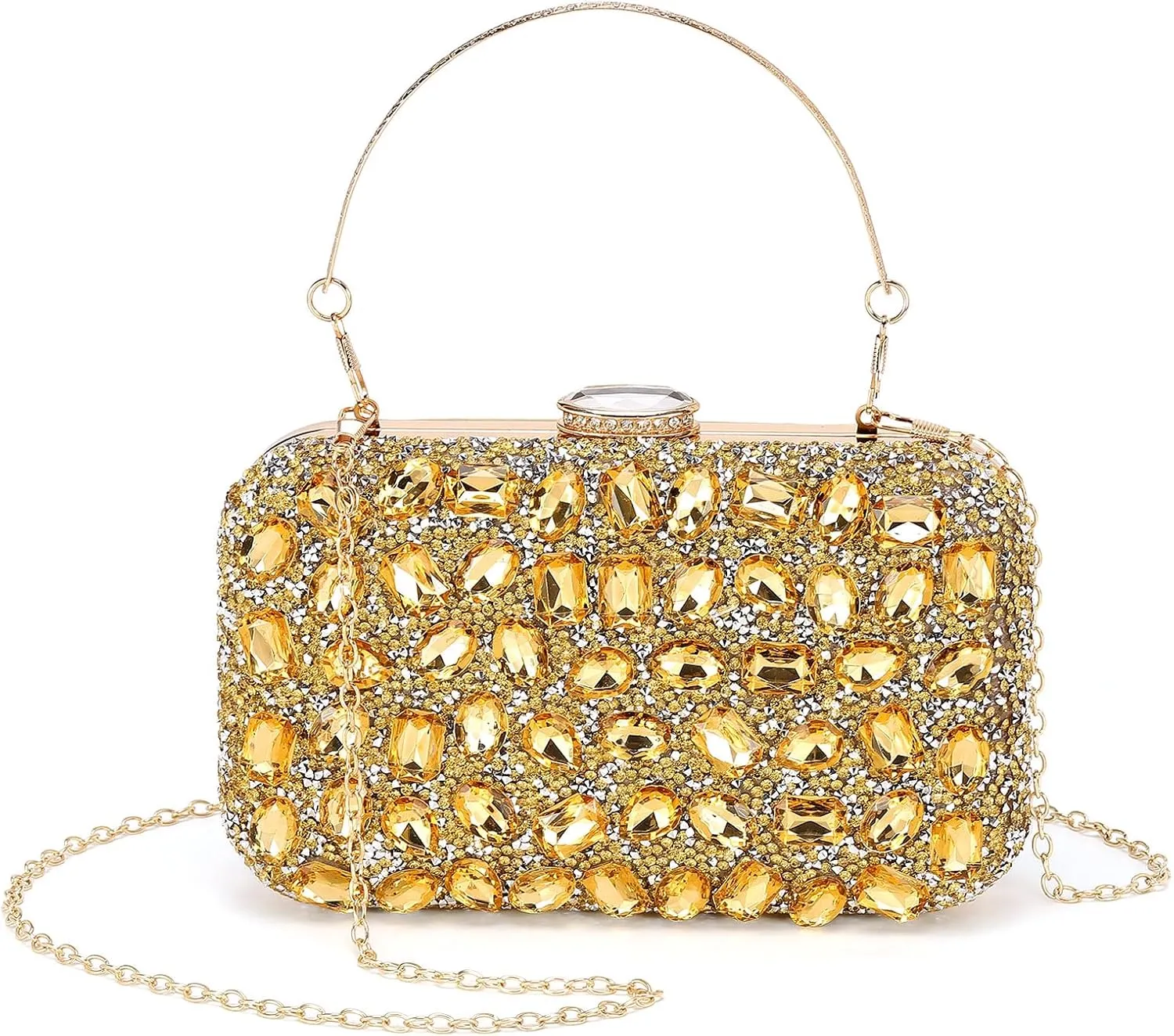 Evening Bags Clutch Purses for Women Formal, Gemstone Handbag Crystal Rhinestone Crossbody Square Bag with Chain Shoulder Bag Sparkly for Wedding Guest Party Gold