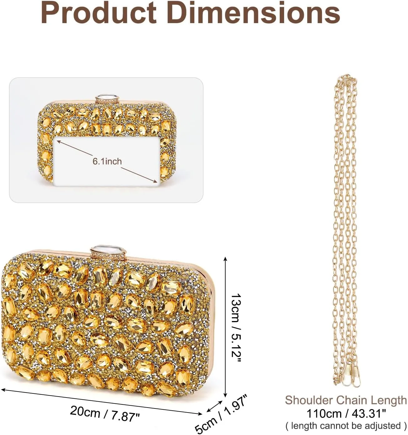 Evening Bags Clutch Purses for Women Formal, Gemstone Handbag Crystal Rhinestone Crossbody Square Bag with Chain Shoulder Bag Sparkly for Wedding Guest Party Gold