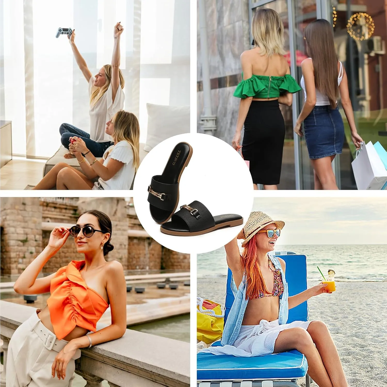 Flat Sandals for Women 2025 Slide Sandals Summer Fashion Women Dressy Slip on Shoes for Party Wedding Vacation Beach Walking Square Open Toe Shoes