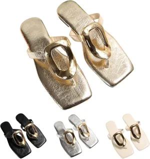 Flat Sandals for Women Dressy Comfortable Flip Flops Slides Trendy Glitter Metal Decoration Summer Beach Shoes Slippers