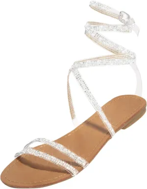 Flats Sandals Women Casual Falt Rhinestone Cutout Boho Gladiator Strap Up Lace Up Cute Sandals for Women Sexy